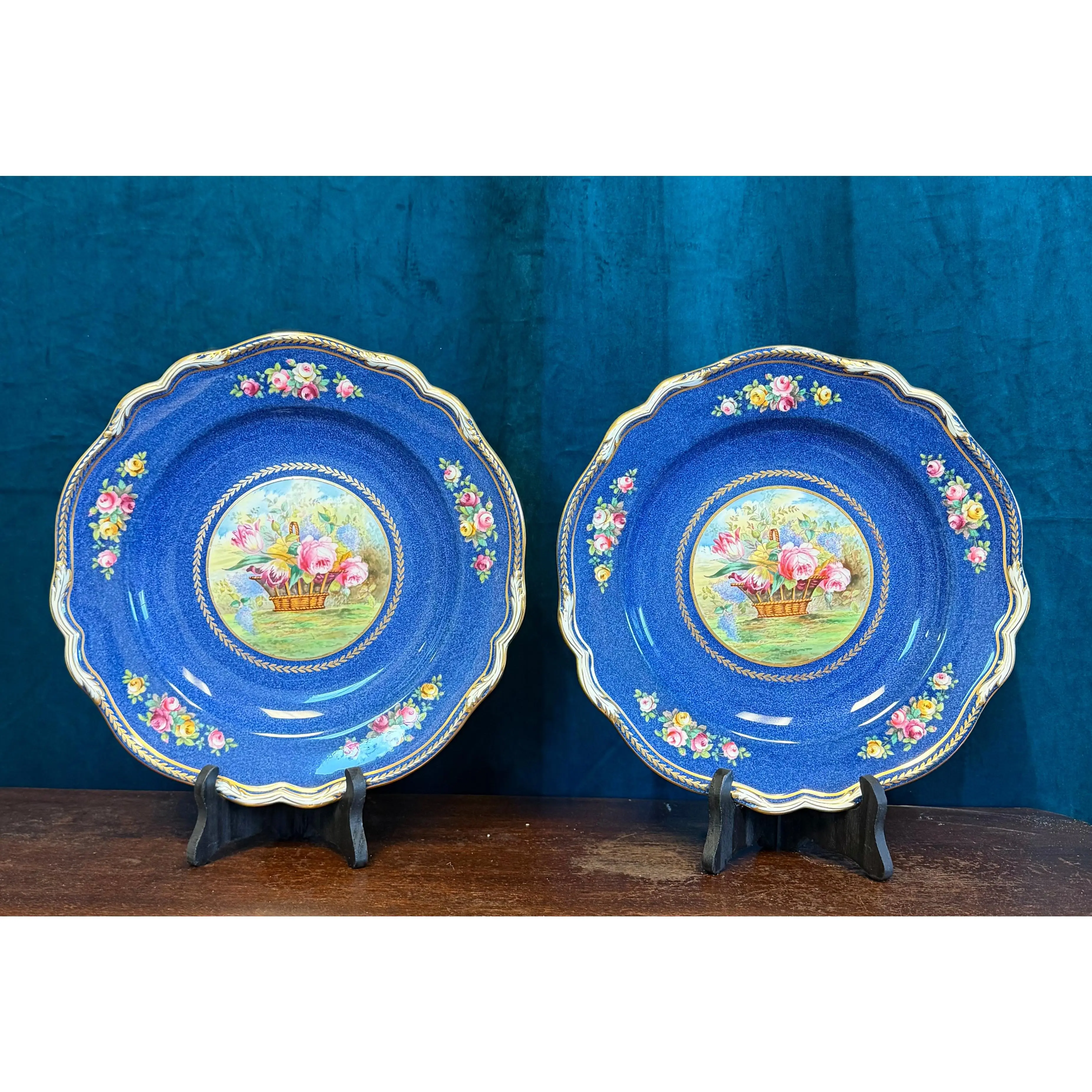 Vintage Copeland Spode Cobalt Blue Floral Basket Plates – Set of 2