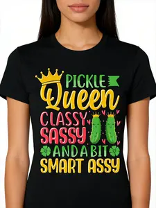 Pickle Queen Classy Sassy And A Bit Smart Assy T-Shirt, Suitable for Unisex Personality Casual Round Neck Outdoor Short-Sleeved T-Shirt, Men'S Summer Clothes, Mens T Shirt, Slightly Elastic, 100% Cotton, S-XXXL