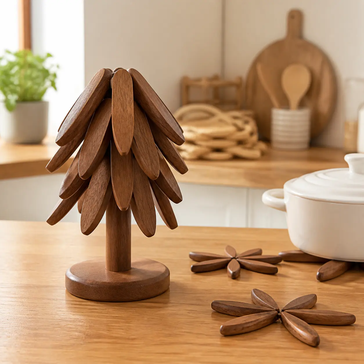Wooden Cup Coaster Set，Tree Shape Trivet Set,Tree Coasters- 4 Wooden Trivets + 1 Stand stored for hot Dish/Pot/Bowl/teapot/hot Pot Set (Brown)