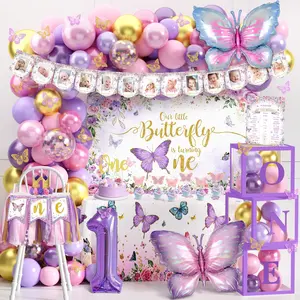 Butterfly First Birthday Decorations for Girl   Butterfly 1st Birthday Party Decoration Supplies Include Balloon Arch Balloon Boxes Backdrop Tablecloth Birthday Hat