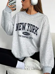 Women's Casual Letter Print Pullover Sweater, Long Sleeve Round Neck Top, Perfect for Fall & Winter, Loose Fit Kint Fabric, Womenswear Graphic Sweatshirts, Knit