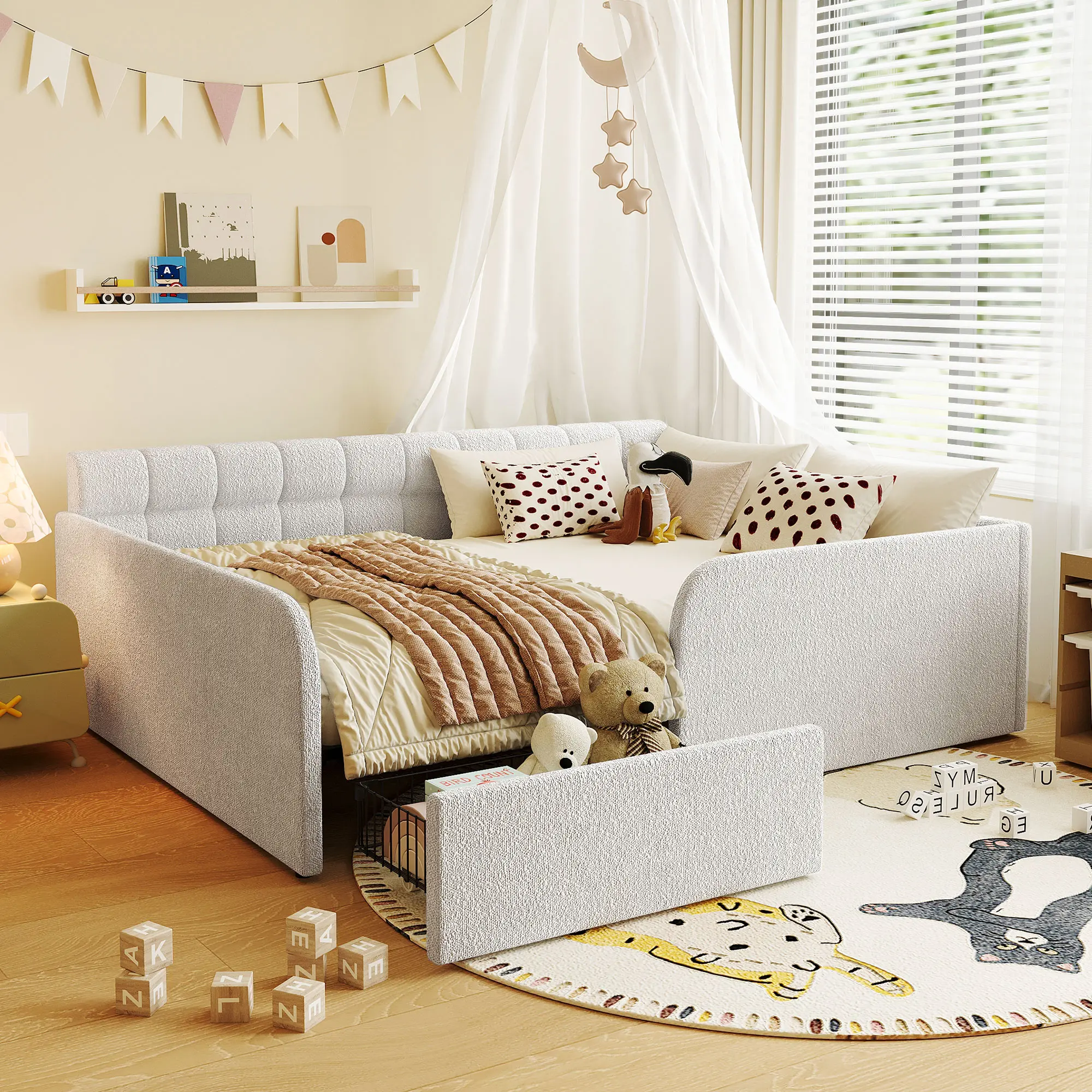 Bouclé Daybed Frame, Full Size Daybed with Built-in Rolling Storage Drawer, Modern French Cream Bed Frame for Small Spaces & Guest Rooms，White