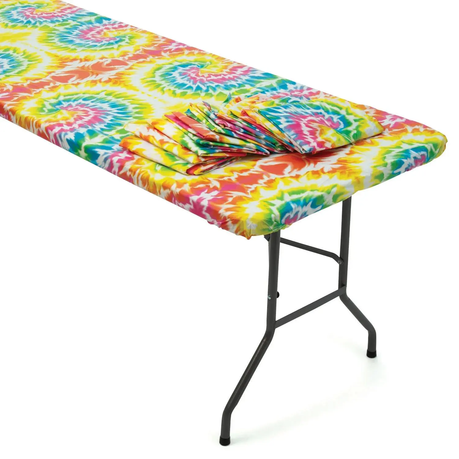 6 Ft. Bulk 12 Pc. Tie-Dye Rectangle Fitted Disposable Plastic Tablecloths