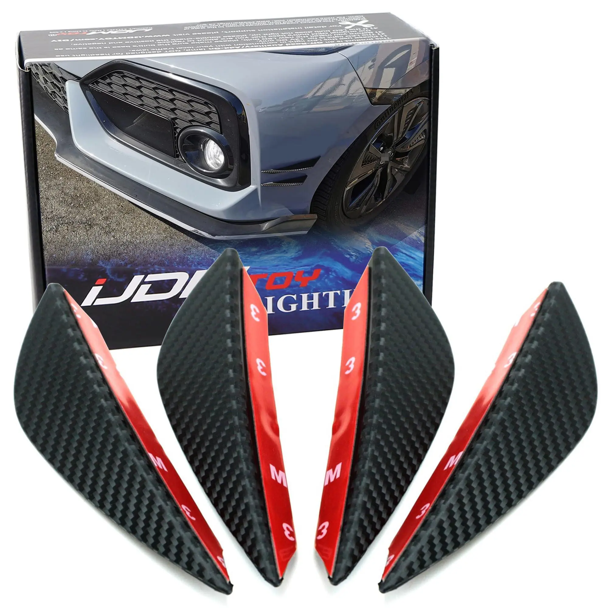 iJDMTOY Front Bumper Canard Body Diffuser Fins For Car/Truck/SUV | 4pc Carbon Fiber Pattern, Universal Fit, Sporty Aerodynamic Style, Self Adhesive Add-On, Exterior Decoration Accessories