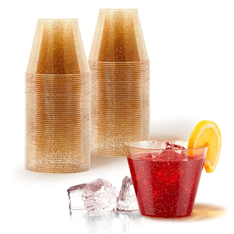 Elegant 9oz Gold & Clear Glitter Plastic Cups (50 Pack) - Fancy Disposable Wedding & Party Cups for Birthdays, Weddings, Holidays