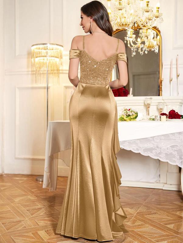Women's Golden Elegant Sequin Lace Spaghetti Straps Ruffle Tight Split Womenswear Formal Satin Maxi Dress for Evening Party Prom Banquet Formal Prom Gala Special Events