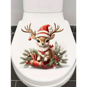 1PC Adorable Christmas Reindeer Toilet Decal Wall Sticker - PVC Self-Adhesive Waterproof Festive Bathroom, Toilet, And Wall Decor With Santa Hat, Gifts,Holly Accents,For Home Decoration, Bathroom Decorations Wall Stickers Stickers Home Decor Christmas Dec