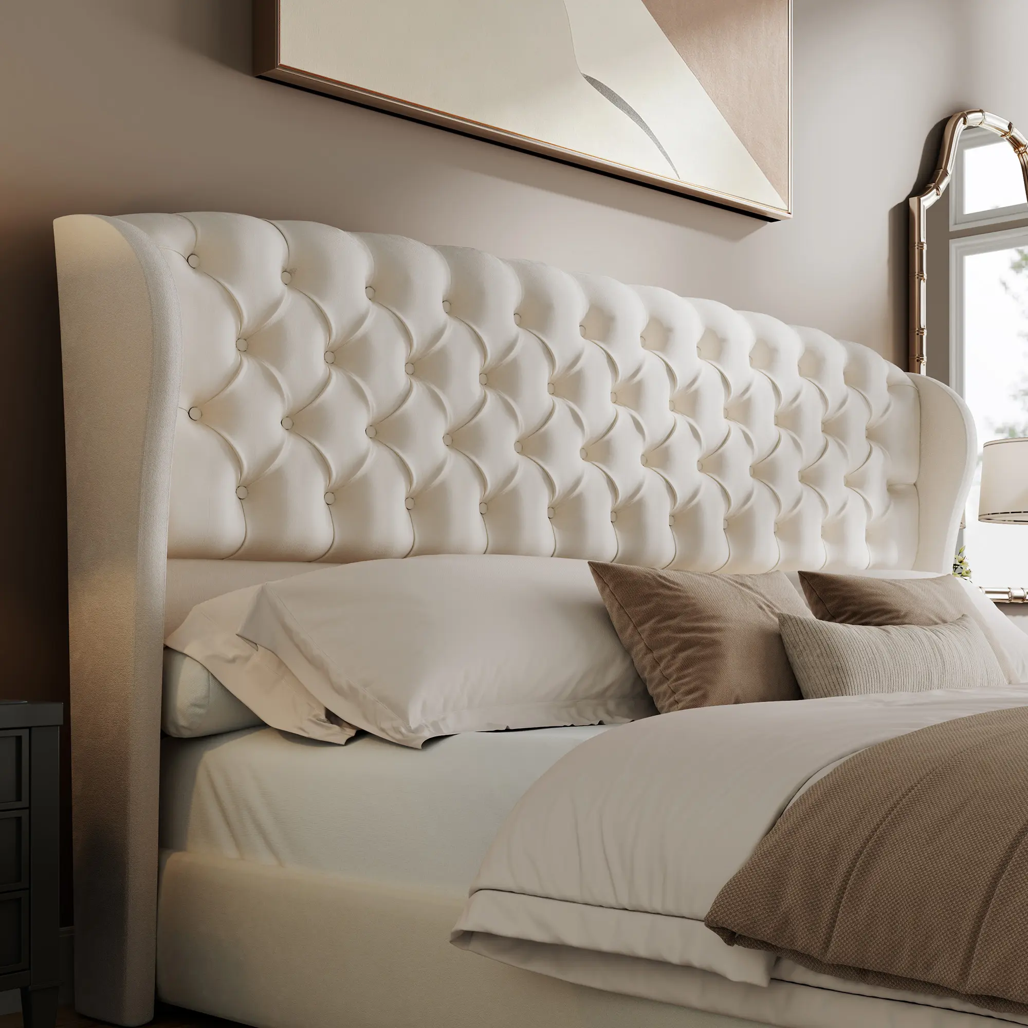AMERLIFE Headboard Only, Velvet Upholstered Wingback, Cream | velvet upholstery, deep button tufted, curved wingback design, King/Cal King, Full/Queen, compatible, easy assembly, contemporary bedroom