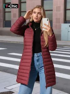Women's Mid-Length puffer Hooded Fitted Long Sleeve Jacket with Zipper Pockets, Casual Plain Woven Fabric Coat for Fall & Winter Everyday Outdoor Commuting Outerwear Womenswear