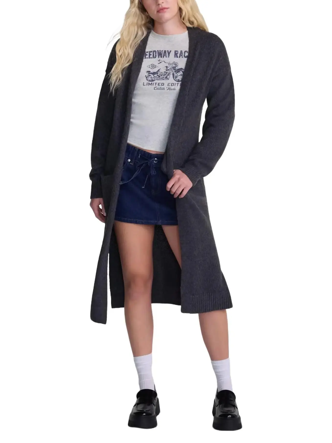 Women's Grey Granite Open Front Duster Cardigan with Pockets