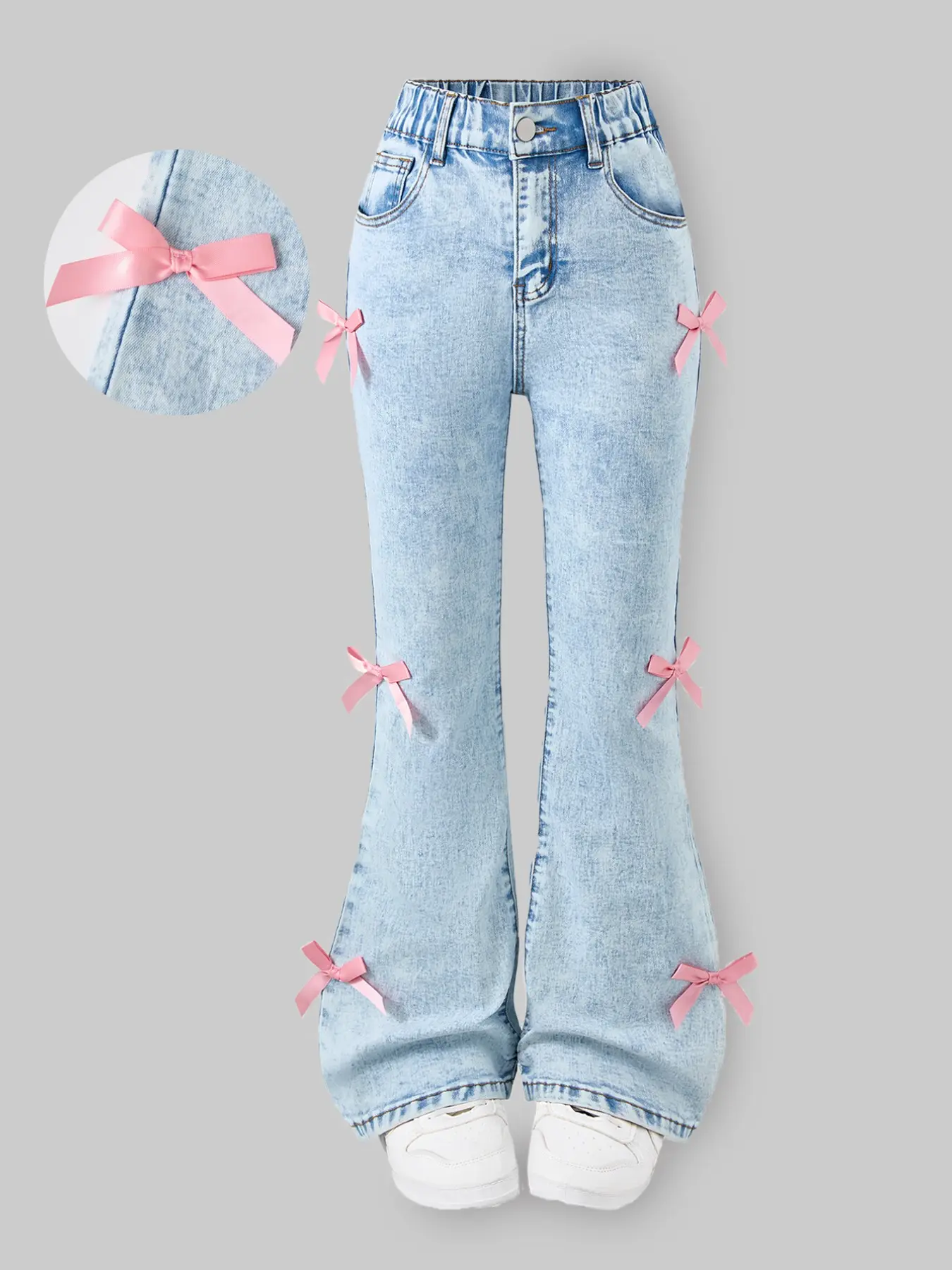 Y2K Cute Bowknot High-Waisted Elastic Flare Jeans, Slim-Fitting Party Style Light Wash Denim Jeans, All Seasons Fashion for Women Pants, Bottom, Trouser