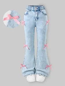 Y2K Cute Bowknot High-Waisted Flare Jeans, Slim-Fitting Party Style Denim Jeans, All Seasons Fashion for Women Pants