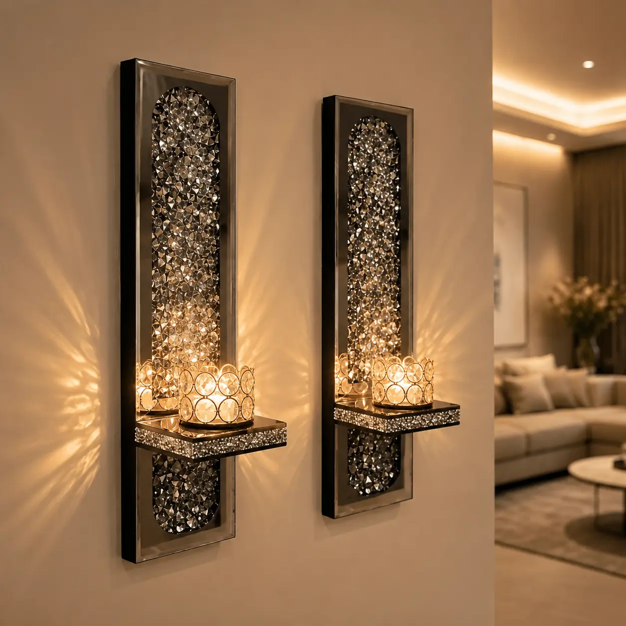 2-Piece Gold Crystal Mirror Wall Candle Sconce Set, Home Ornament with Mood Lighting, Wall Decor for Living Room Decor Candle Holders