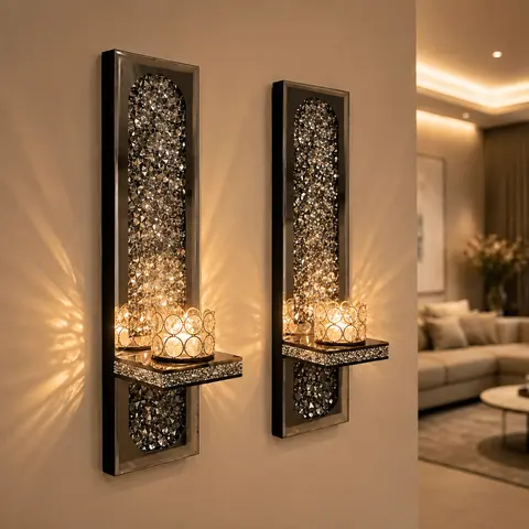 2-Piece Full Crystal Wall Candle Holders - Elegant Home Accessory, Wall Decor, House Decor, Decoration Items for Living Room & Bedroom Sconce Accents