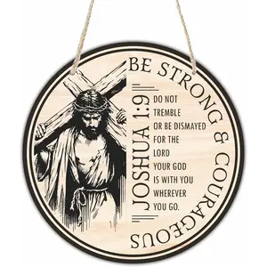 Jesus Carrying The Cross Round Rustic Wooden Hanging Sign - Symbol of Strength with "Be Strong & Courageous" Bible Verse - Inspirational Christian Gift for Mom, Mother's Day