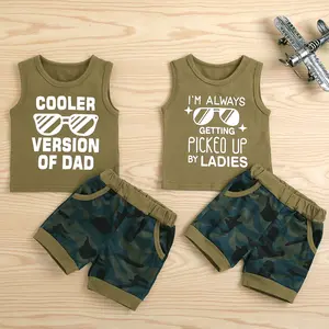 2Pcs Baby Boy Summer Outfits, Funny Letter Print Sleeveless Tops + Camouflage Shorts Set