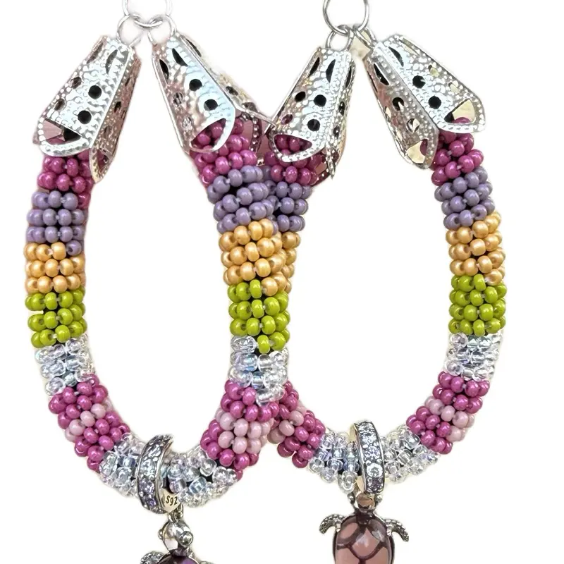 Beaded Turtle Earrings with Multicolor Beads and Silver Accents for Women's Fashion