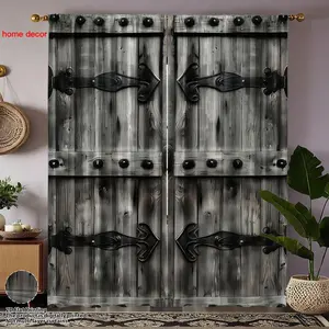 2pcs Vintage Wood Door Iron Hinge Printed Fabric Curtains, Window Curtain, Industrial Style Long Panel Dual Opening with Metal Hinges, Interior Decoration Accessories