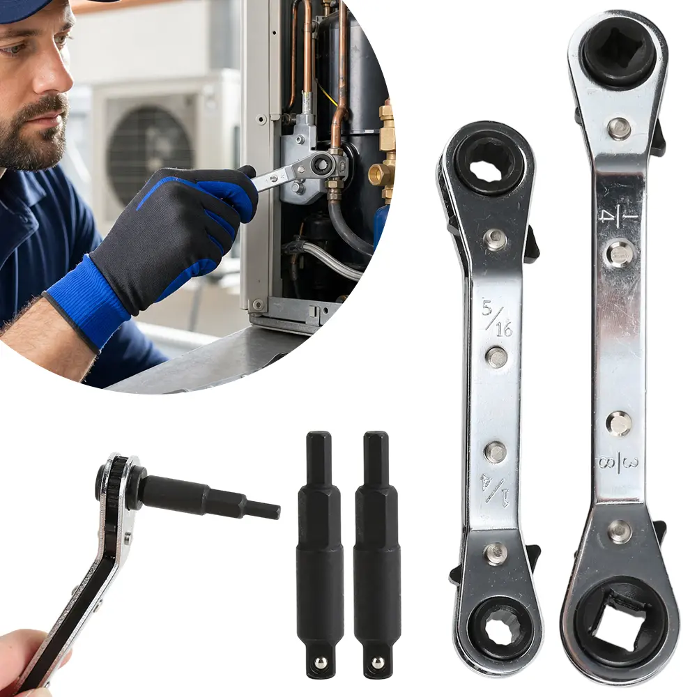 2 Pack HVAC Service Wrench Set, Air Conditioner Valve Ratchet Wrench | HVAC tools: 3/16" to 3/8" and 5/16" x 1/4" service wrenches with 2 hex bit adapters for AC and refrigeration equipment repair