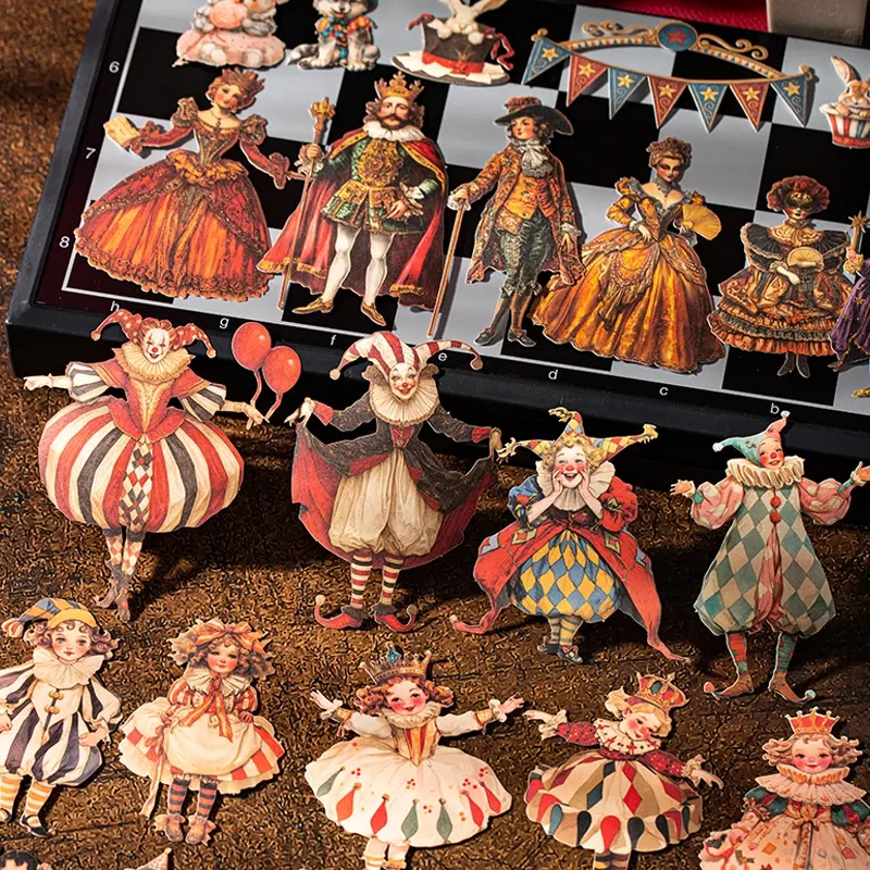 15pcs Carnival Party Circus Scene Hard Card Sticker Set, Festive Illustrations Vintage Creative Scrapbooking Hand Account Material Decorations, DIY Decorative Stickers, DIY Scrapbook Album Phone Case Diary Calendar Greeting Cards