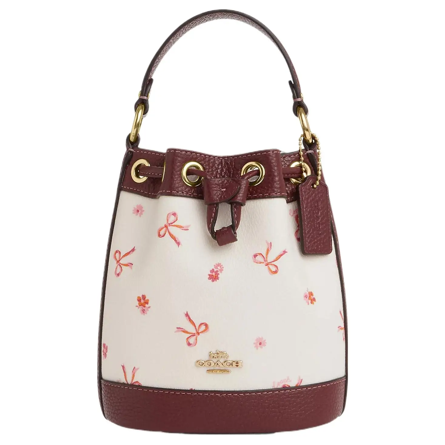 Coach Dempsey Logo Drawstring Bucket Bag for Women – Mini, Bow-Embellished, Coated Canvas and Pebbled Leather, White and Red