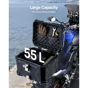 VEVOR Motorcycle Top Case, Universal Aluminum Alloy Motorbike Tail Box with Leather Lining, 55L Waterproof Detachable Motorcycle Top Box with Lock Back Cushion, Fit for 99 of Motorcycle Frames