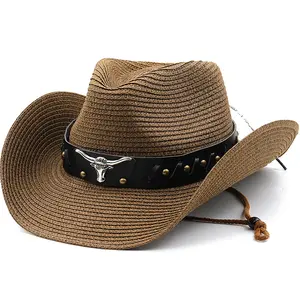 New Cowhide Leather Strap Straw Hat, Tibetan Style Western Cowboy Hat, Foldable Ethnic Style Straw Hat