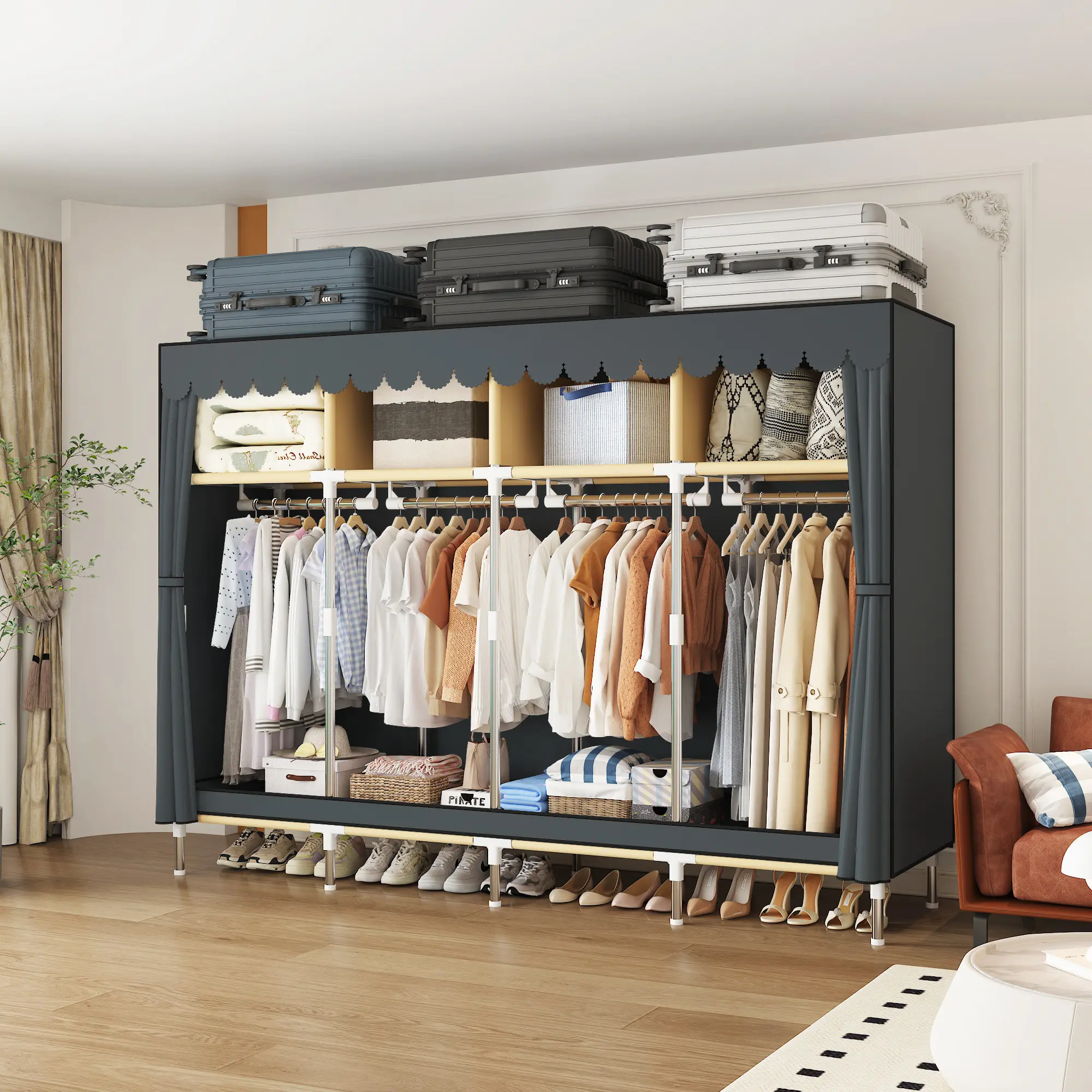 Portable Closet for Hanging Clothes 78.7 Inch Wide Large Capacity Portable Wardrobe Closet with Cover, 4 Storage Shelves and 4 Hanging Rod Sturdy Free Standing Closet for Bedroom