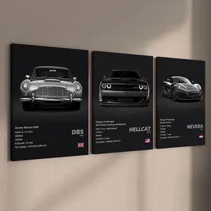 3 count wooden frame canvas, classic performance car parameter poster, Vintage Car Print, super car pattern, fine car decoration, stylish bedroom decoration, modern art home decoration, living room and corridor wall decoration, HD, waterproof, art