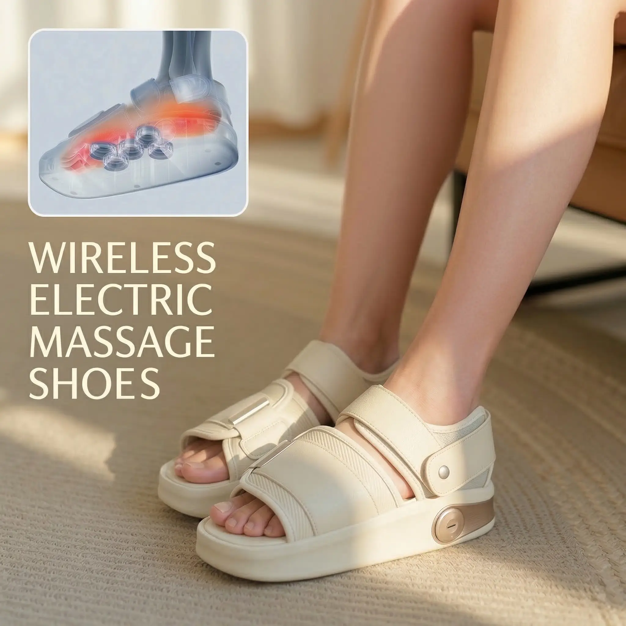 Wireless Electric Heat Massage Shoes with 5-Magnet Deep Kneading, Air Compression, Battery Powered, Beige, Fits 36-46 (5.5-13 Women/4-12 Men), Beige (5.5-13 Women/4-12 Men)