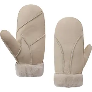 Women Leather Mittens Shearling Sheepskin  Lined Winter Mitten Gloves