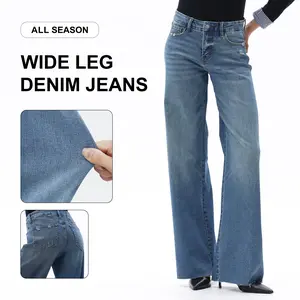 ONESO Women's Eternal Vintage Blue Wide Leg Denim Pants Retro Street Style Mid-Rise Denim Tummy Control Spring Hem Pants Comfortable Jeans Commuter Style Baggy High Stretchy Soft Breathable Holiday Gifts  #SummerVibes