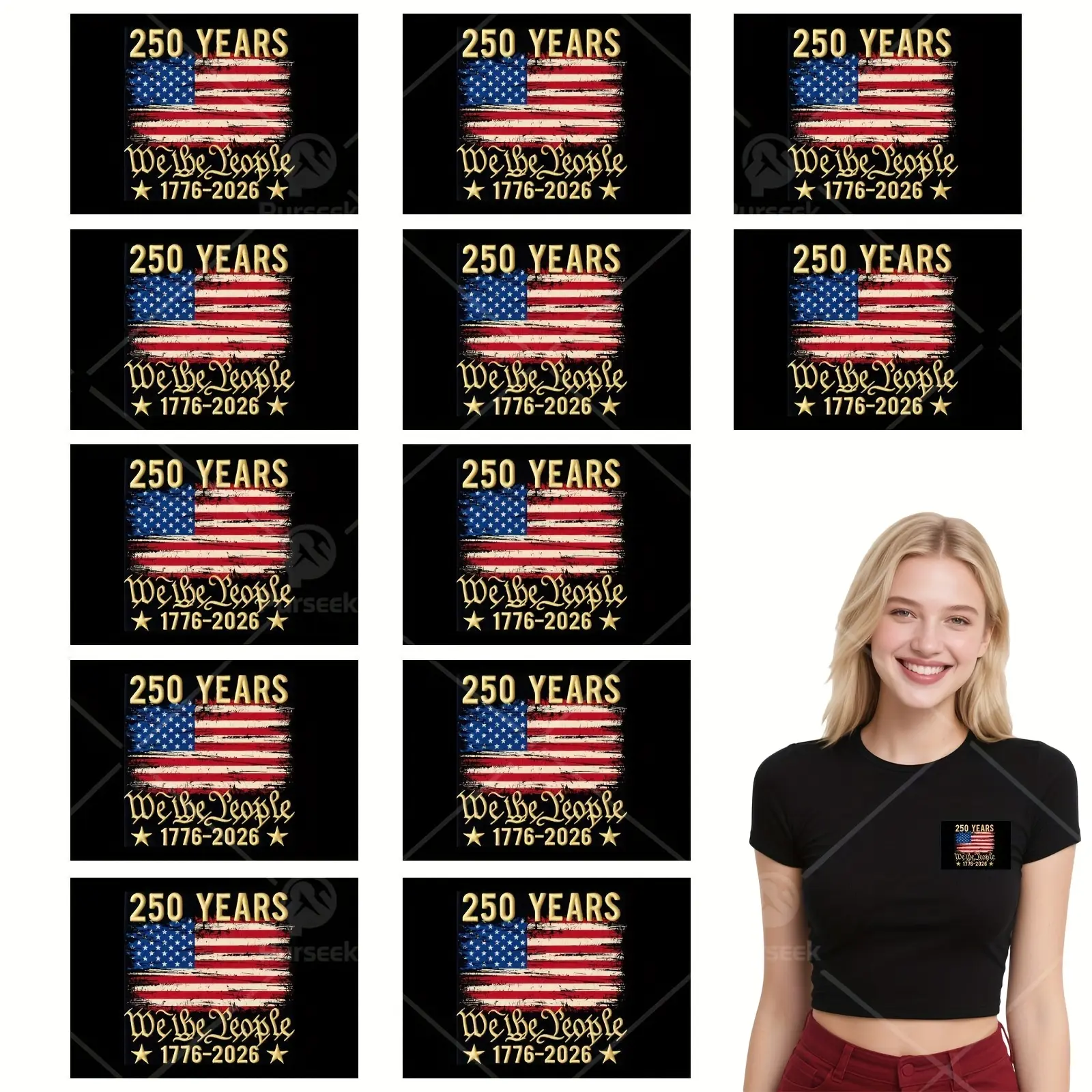12 Piece American Flag Iron-On Transfer Stickers, Perfect for DIY Backpacks, Jackets, Hats, Crafts, Accessories, 250th Anniversary Design