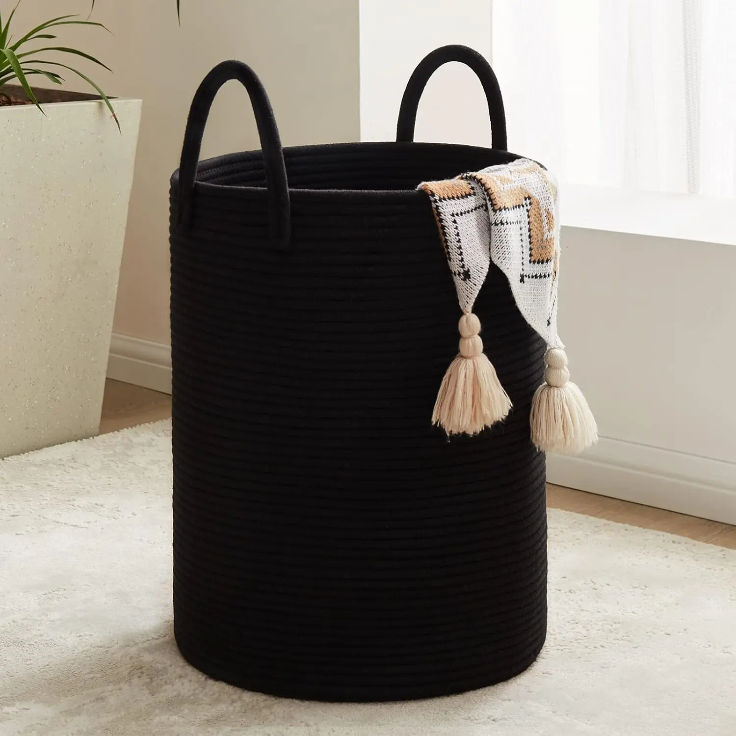 Woven Rope Laundry Basket, 58L Tall Laundry Hamper for Blanket Storage, Large   Basket for Laundry, Decorative Clothes Hamper for Bedroom, Living Room and Bathroom, Black