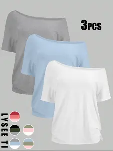 Women's Plus Size Asymmetrical Shoulder Top Set, Casual Fitted Short Sleeve Blouse, Thin Lightweight Daily Wear, 3 Piece Pack, All Seasons