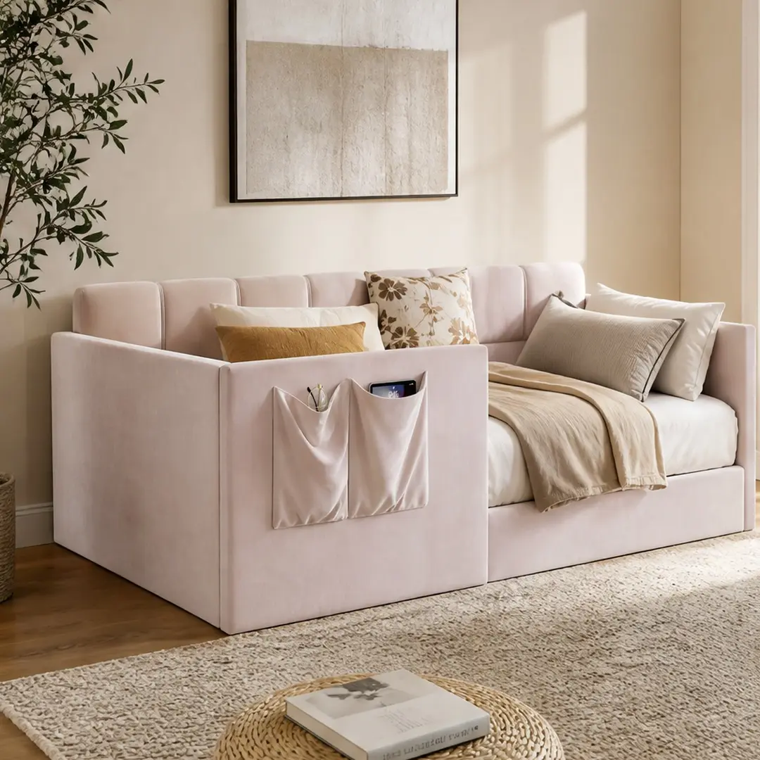 Pink Velvet Rectangular Armless Twin Size Daybed Sofa Bed - Sturdy Wood Frame with Upholstered Panels, Walk-In Access, Storage Pockets, 42.70w x 76.90d x 27.20h in Slat System, 80.39 lb, Space-Saving Adult General-Use Indoor Bed Frame, Assembly Required