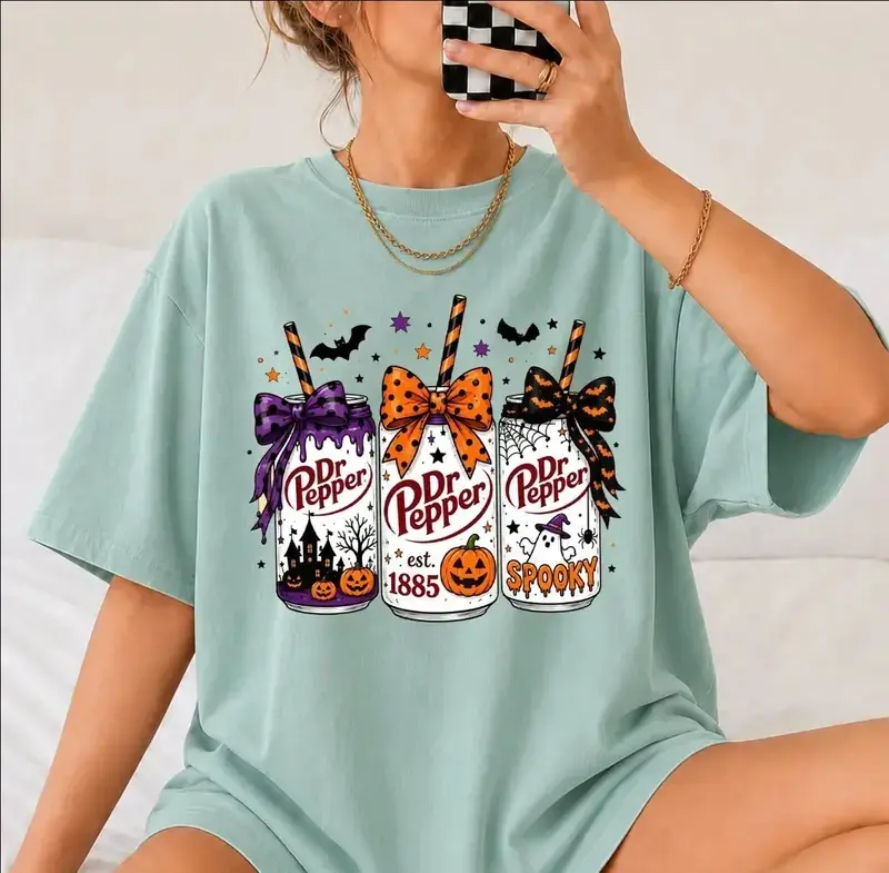 Comfort Colors Halloween Soda Can T-shirt, Pumpkin Coquette Bow Spooky Halloween Tee, Soda Lovers Gifts. Womenswear's Top Vintage