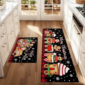 2 Pcs Kitchen Rug Gingerbread Man Train Printed Rug Set Farm Kitchen Carpet Dining Room Floor Laundry Room Decorative Carpet Pad