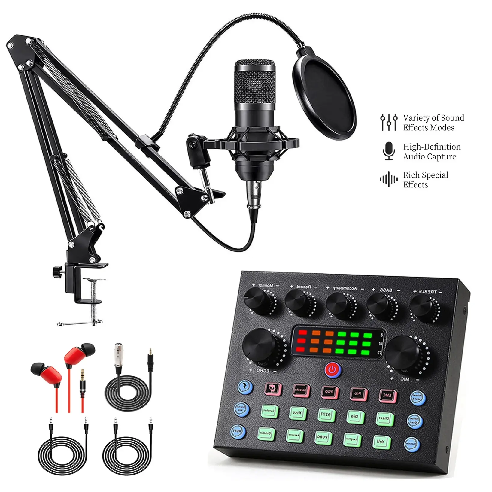 V8S Podcast Equipment Bundle for 2, BM-800 Style Condenser Mic with Live Sound Card & Voice Changer, Professional Recording Studio Kit with 10 DJ Effects & Bluetooth for Singing Gaming Live Streaming YouTube TikTok on PC/Smartphone, Recording Set