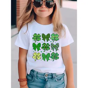 Girls' St. Patrick's Day Four- Clover & Shamrock Bow Short Sleeve T-Shirt - Summer Top with Applique, Round Neck Casual Blouse for Irish Outfit NY-DX5303