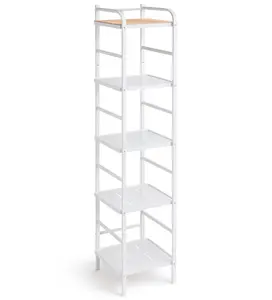 Home Zone Living 5 Tier Vertical Storage Organizer with Bamboo Accent and Steel Frame, Tall Freestanding Shelf, White