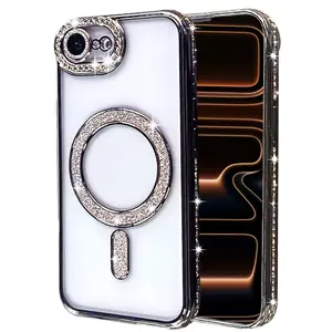 New Fashion Glitter Diamond Transparent Case for iPhone 16E SE4 17E Magnetic Wireless Charge Bumper Cover