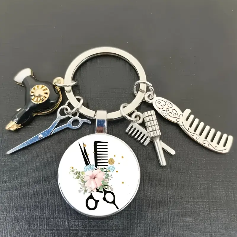 Fashion Zinc Alloy Barber Keychain - 1pc Multi-Pendant Set with Comb, Scissors, Hair Dryer Pendants, Ideal Barber Gift for Hairdressers