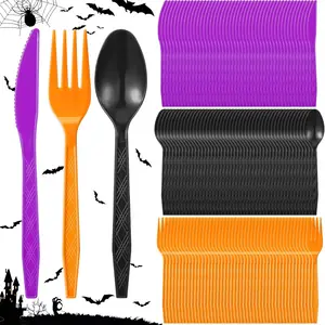 Gerrii 150 Pieces Green Disposable Plastic Cutlery Set Plastic Utensils Plastic Silverware Set Includes Spoons, Forks, and Knives for St Patricks Day Party Supplies (Dark Orange,Purple,Black)