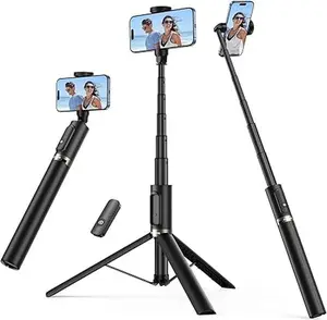 55" Adjustable Selfie Stick Tripod for Cellphones & Smartphones, Extendable Aluminum Tripod with Rechargeable Bluetooth 5.0 Shutter Remote, Compact Lightweight Travel Design, Anti-Slip Silicone Pads, Cable (Mobile Phone Selfie Accessories), Smartphone