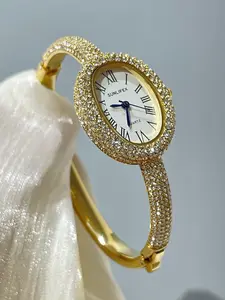 Women's Rhinestone Bracelet Watch, Trendy Exquisite Wristwatch, Roman Numeral Design, Luxury Quartz Elegant Oval Watch, Casual Fashion Jewelry Gift, Quartz Analog Watch, Rhinestone Decorated Watch