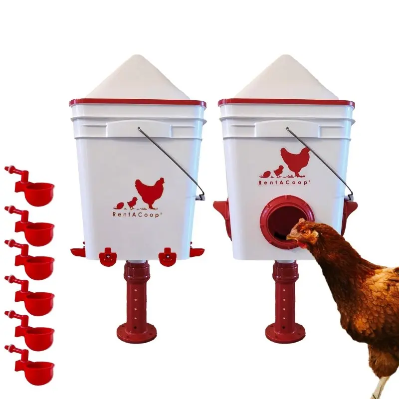 RentACoop Chicken Feeder & Waterer Set - 25lb High Capacity No-Waste Feeder with 4 x Large Feed Ports, 5gal Food Grade Bucket Waterer with Auto-Fill Cups, 6 x Horizontal Nipples & Cap Plug Poultry Feeding Supplies