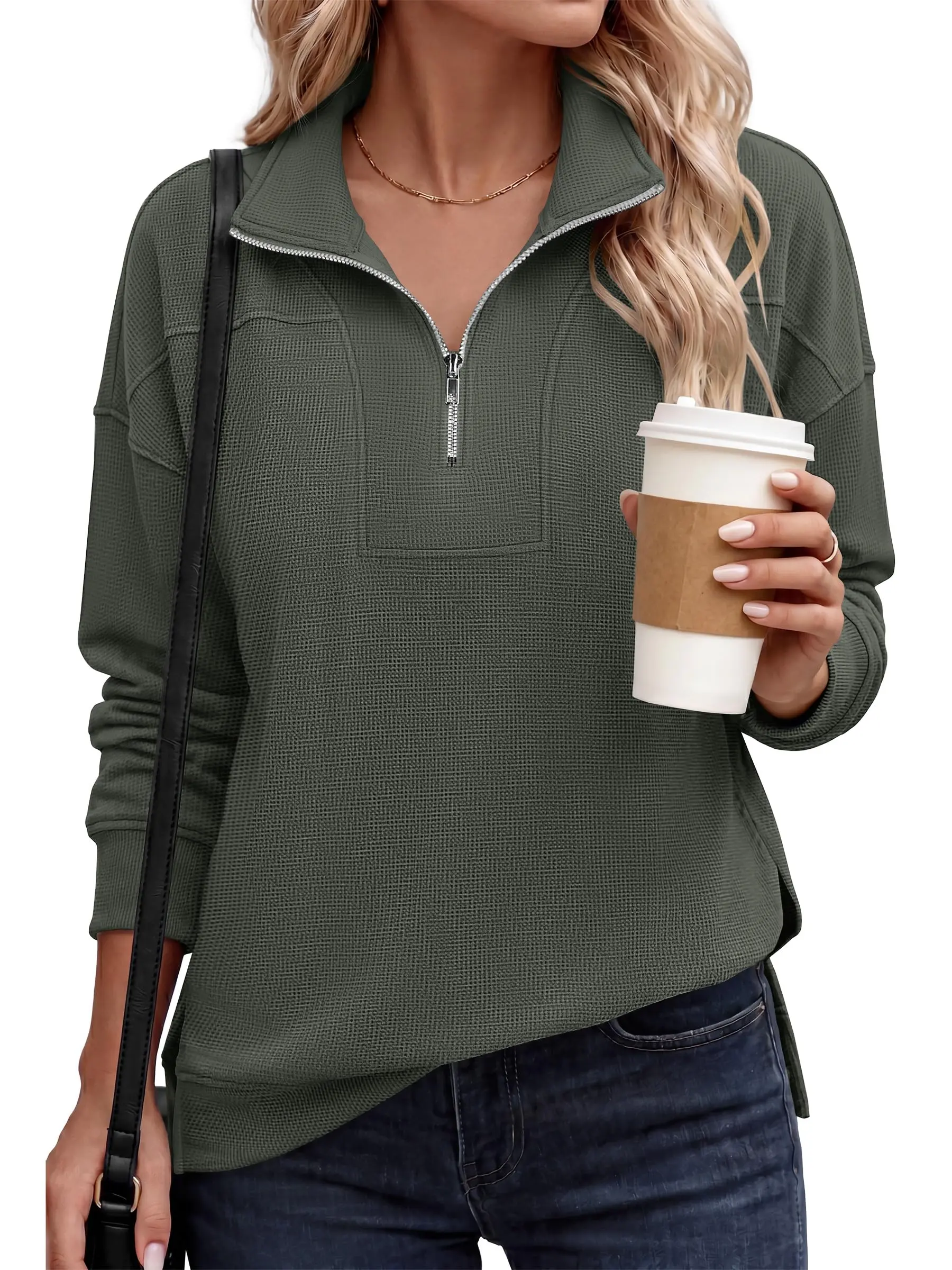 ANRABESS Womens Waffle Knit Sweatshirt | Lightweight Long Sleeve Quarter Zip Pullover Tops, Loose Fit Side Slit Design, Casual Work Daily Wear, Fall Spring Outfits