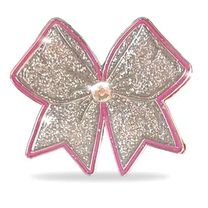 CHEER BOW Enamel Cheer Pin - Glitter Silver & Pink Faux Diamond Center Double Butterfly Clutch for Cheer Bags & Team Gifts