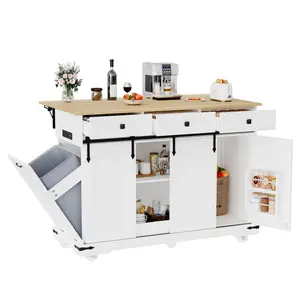 Garvee Rolling Large Kitchen Island Cart with Power Outlet, 3 Drawers, Drop Leaf, Trash Can Storage, Spice Rack, Towel Rack Holder, Mobile Kitchen Island Table, Available in White and Black